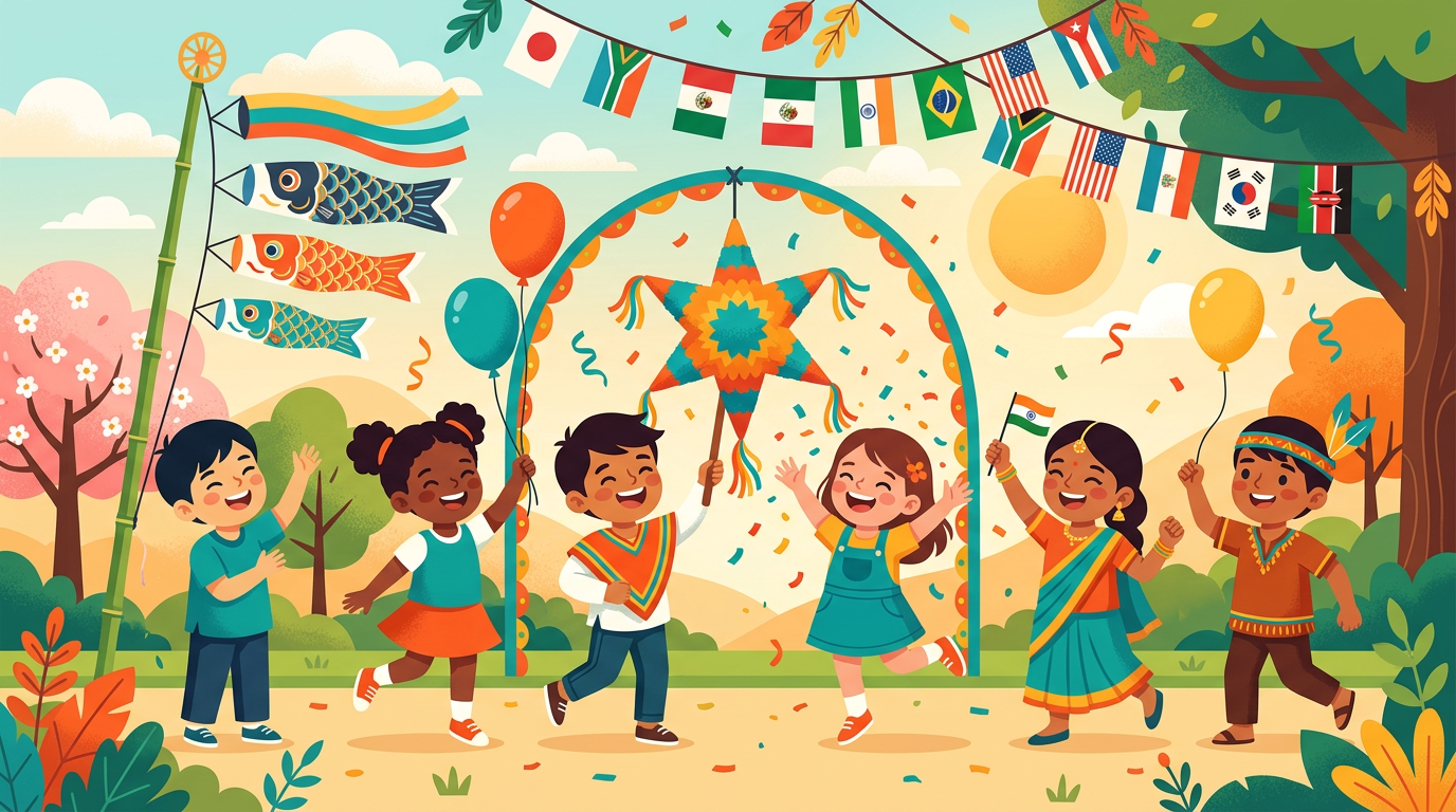 Dia das Crianças pelo mundo: 6 curiosidades da data Ilustração de crianças de vários países celebrando o Dia das Crianças com bandeiras, carpas japonesas e piñata