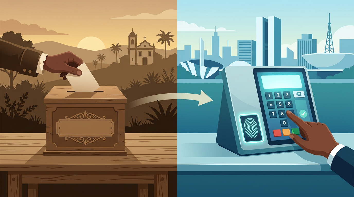 História do voto no Brasil: do voto de cabresto à biometria Ilustração dividida: urna de madeira antiga de um lado e urna eletrônica moderna com leitor de digital do outro